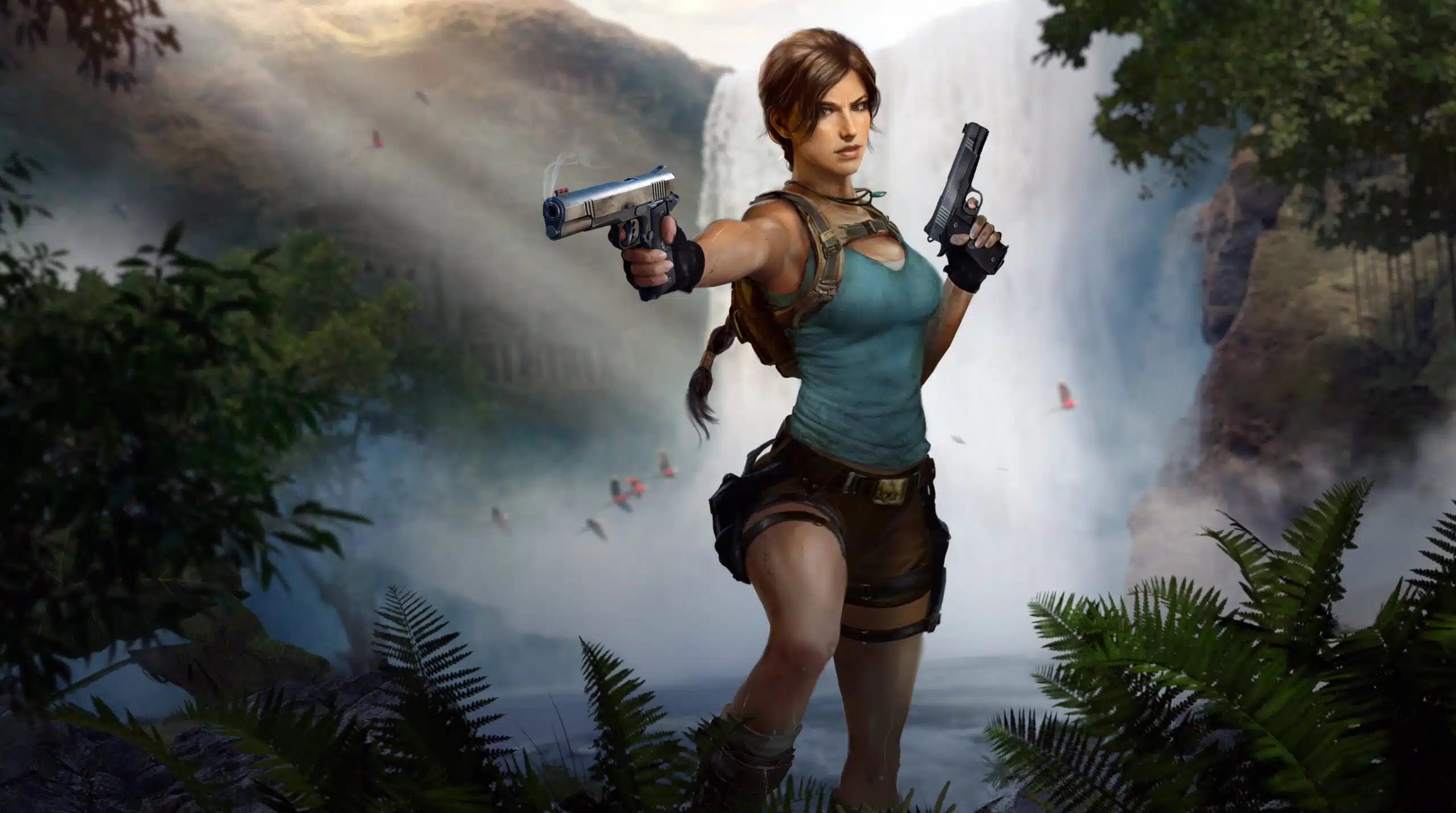 Nova Lara Croft de Tomb Raider em uma paisagem de floresta usando camisa azul e suas tradicionais pistolas