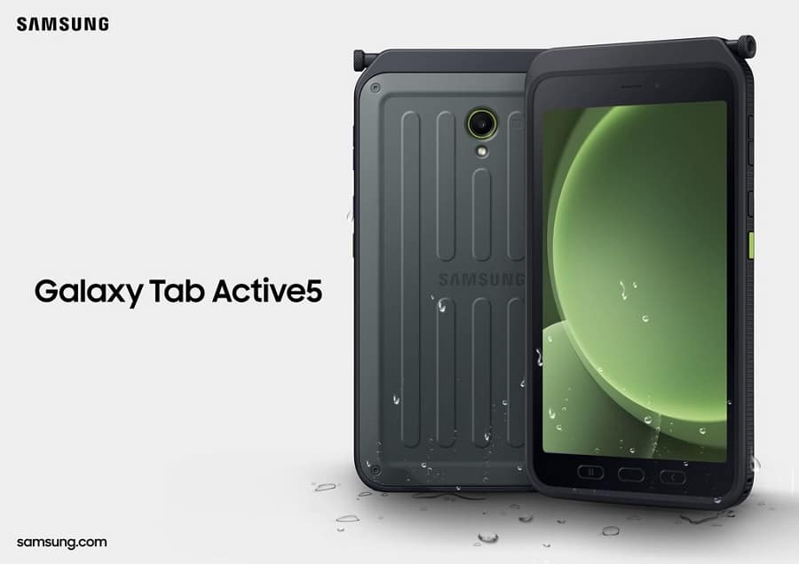 Imagem de divulgação do Galaxy Tab Active 5, mostrado de frente e de costas.
