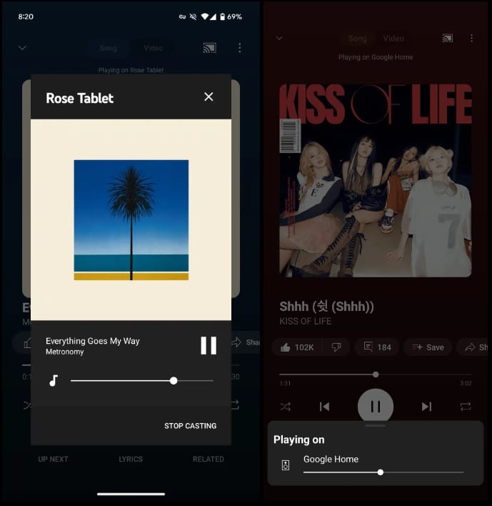 Comparação das telas do YouTube Music mostrando o dispositivo tocando música por transmissão.