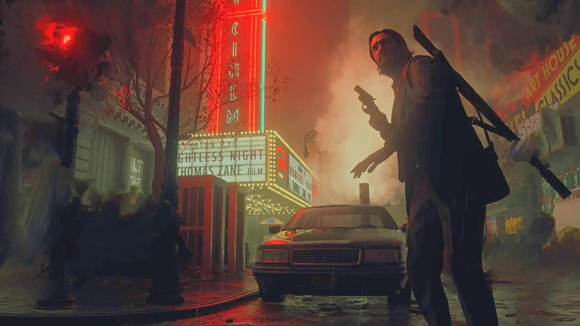 Personagem de Alan Wake 2 próximo a um carro em uma ambientação escura