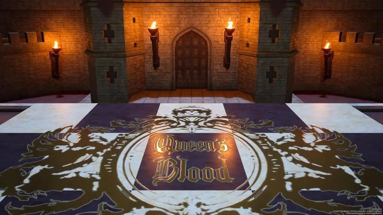 Final Fantasy VII Rebirth - tabuleiro de Queen's Blood com casas brancas e roxas e um castelo ao fundo