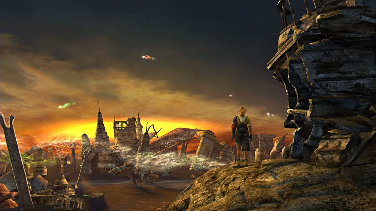 Final Fantasy X - Tidus andando no meio de uma área destruída dentro do RPG