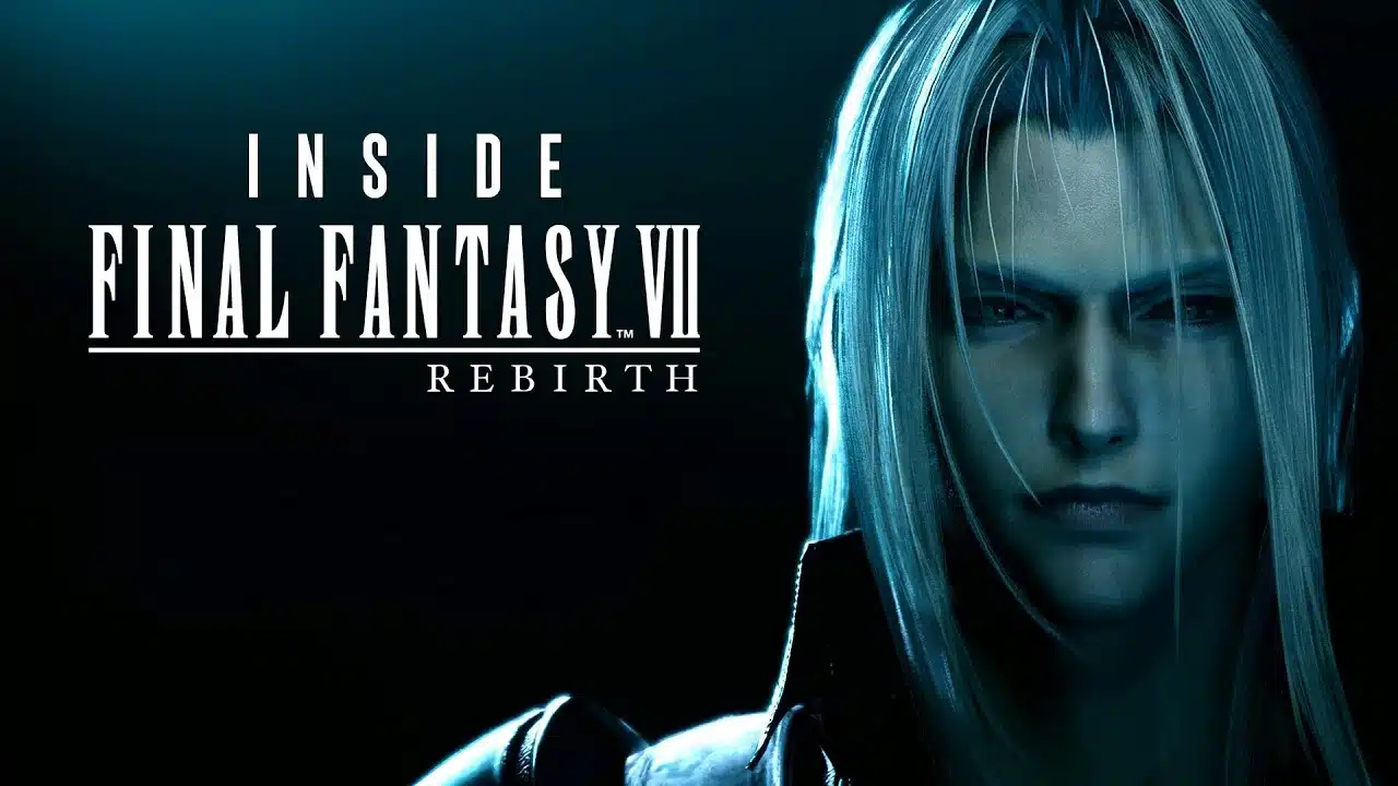 Sephiroth na capa do documentário de Final Fantasy VII Rebirth e um fundo obscuro atrás dele