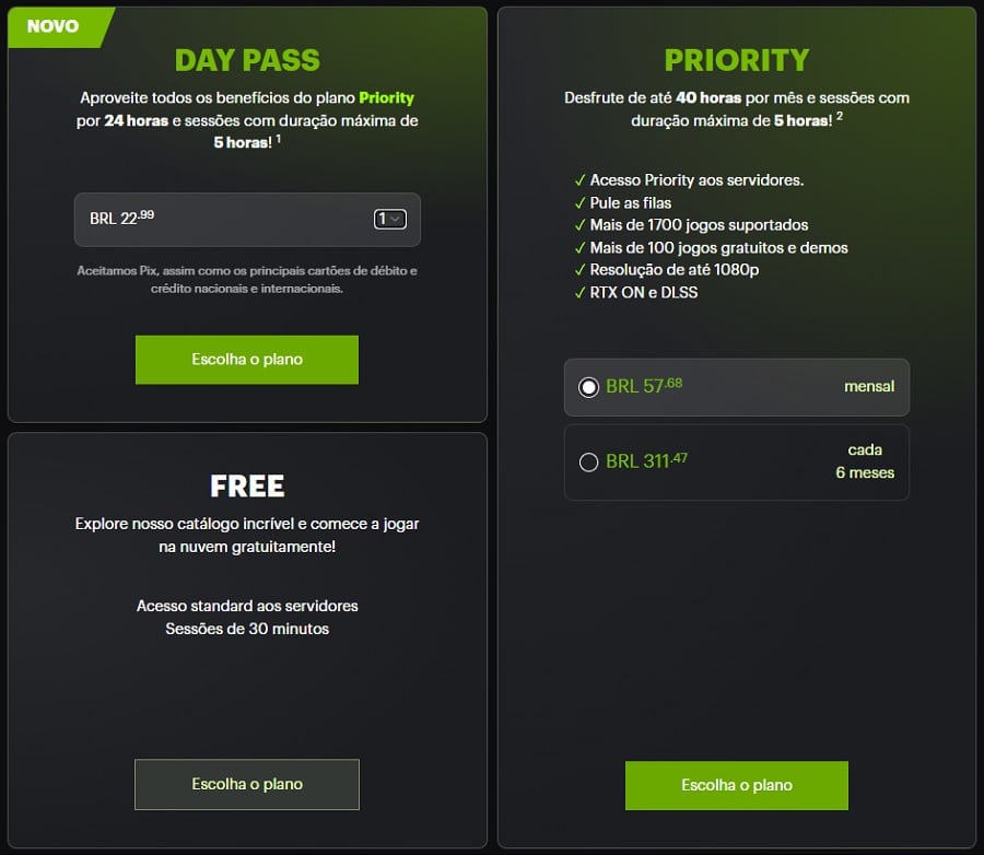 Captura de tela do site oficial do GeForce Now, com plano do Day Pass.