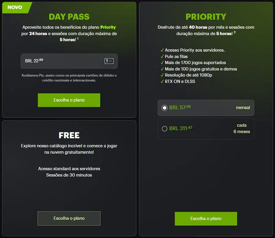 Captura de tela do site oficial do GeForce Now, com plano do Day Pass.