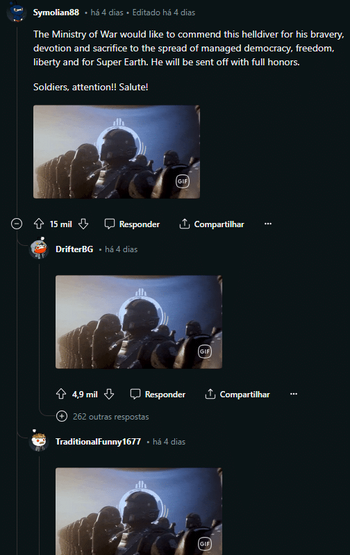 Helldivers 2: dev estuda prestar homenagem a fã falecido 1 Helldivers 2 captura de tela do comentário dos jogadores se despedindo de um fã