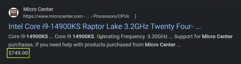 Captura de resultados de pesquisa para o Intel Core i9 14900KS aparecendo na loja MicroCenter.