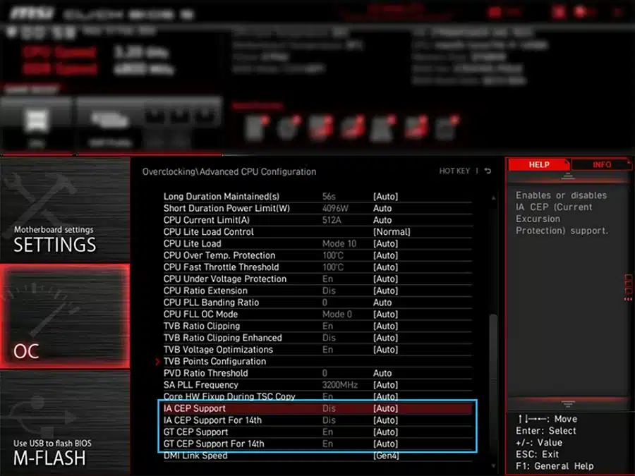 Captura de tela do BIOS da MSI com as opções de CEP.