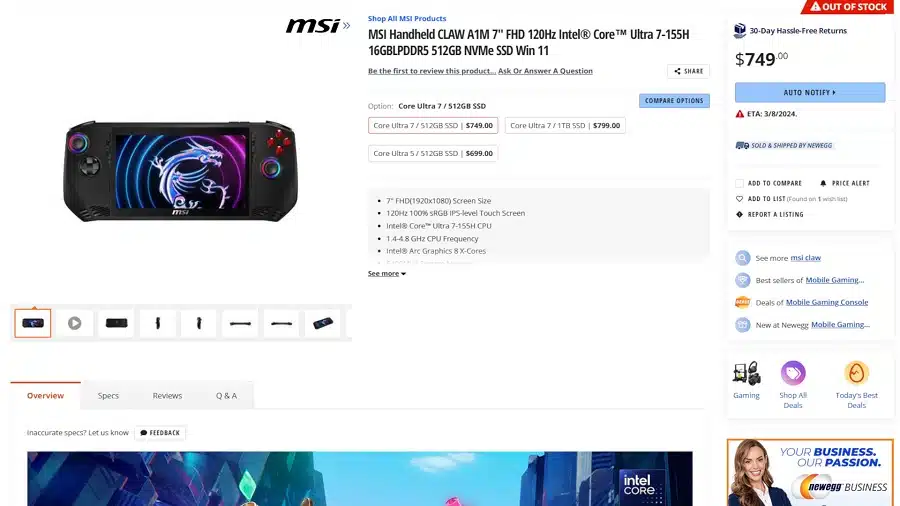 Captura de tela da página do MSI Claw em pré-venda no Newegg.