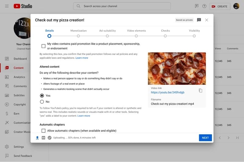 tela do creator studio mostrando opções de sinalização de IA no youtube