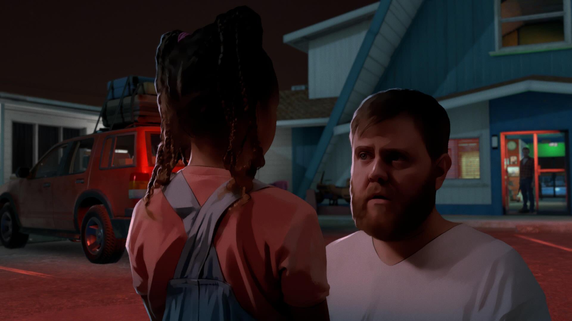 pai conversa e acalma filha em As dusk falls