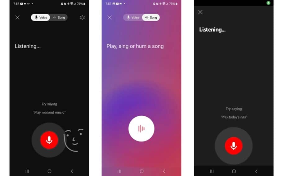 telas do youtube music mostrando pesquisa por voz