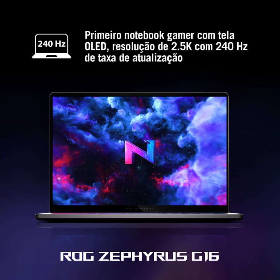 zephyrus g16 aberto de frente com infos da tela