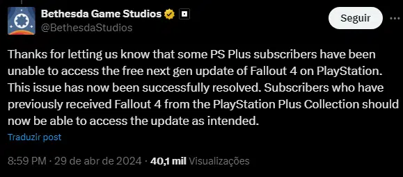 Bethesda fala sobre Fallout 4 do PS Plus Collection