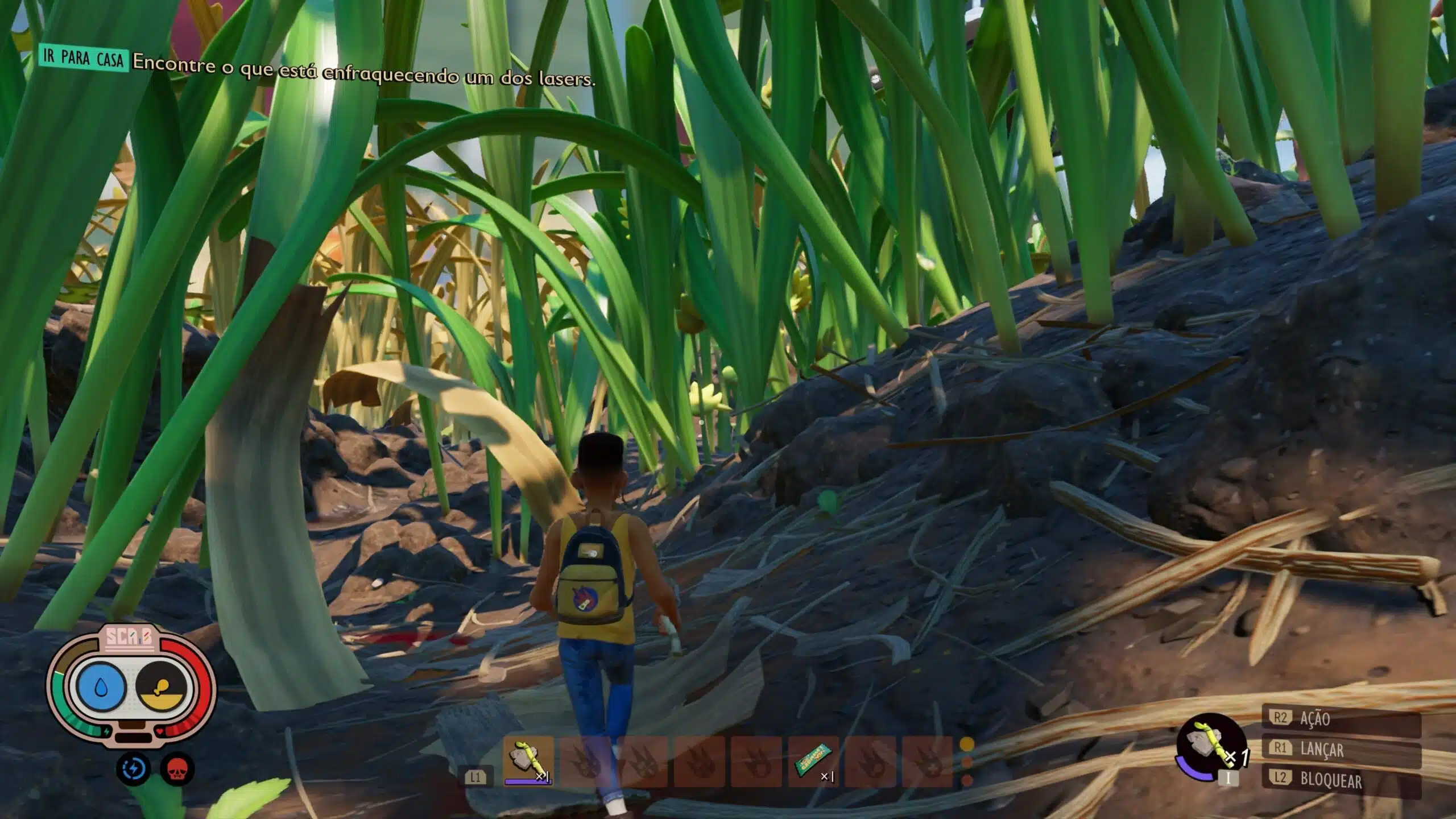 Grounded imagem do gameplay mostrando os status e o ambiente