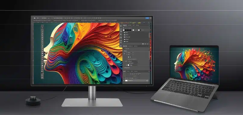 Imagem mostra sincronização das cores do BenQ PD3225U com Macbook.