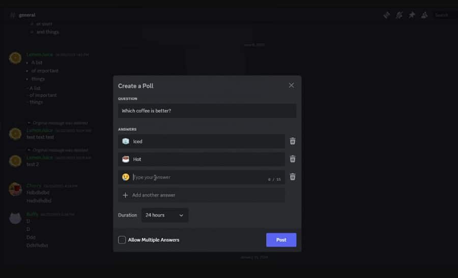 Discord recebe suporte para enquetes de amigos e canais 2 Opções na criação de uma enquete mostradas na imagem.