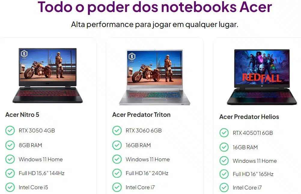 opções de notebooks gamer por assinatura da parceria entre Acer e Allu