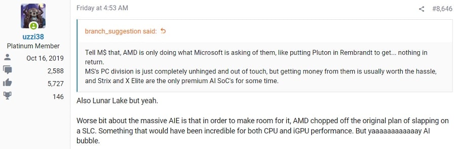 Captura de tela de post em fórum comentando sobre o uso de NPUs em vez de SLC em APUs da AMD.