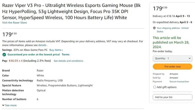 Captura de tela da listagem do novo mouse da Razer em loja online.