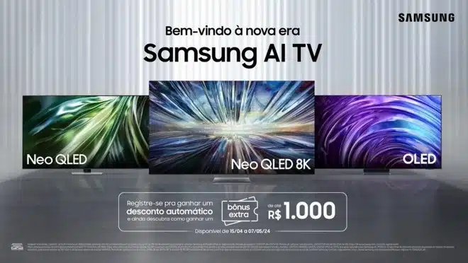 Imagem de divulgação do desconto oferecido no registro para novas TVs da Samsung.