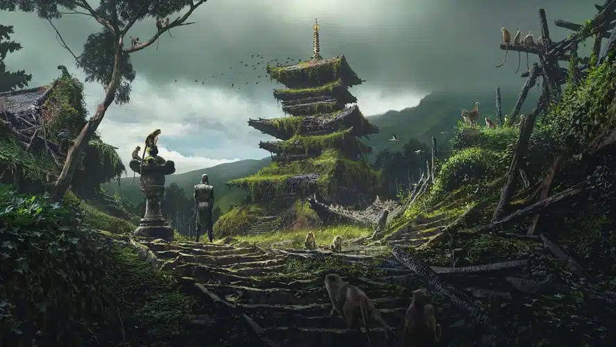 Asssassin's Creed Shadows - imagem conceitual do Japão mostrando um castelo coberto por vegetação e alguns animais na parte debaixo