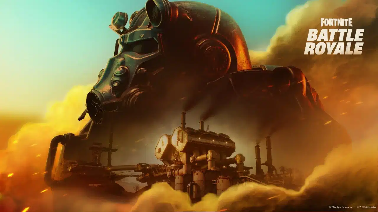 Fallout no Fortnite - imagem com o capacete dos operadores da franquia de RPG da Bethesda e um deserto com uma fábrica embaixo