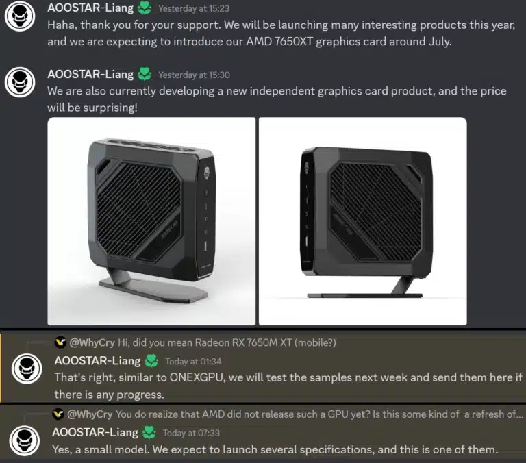 Captura de tela mostra post no Discord do novo produto da AOOSTAR com uma AMD Radeon RX 7650M XT.