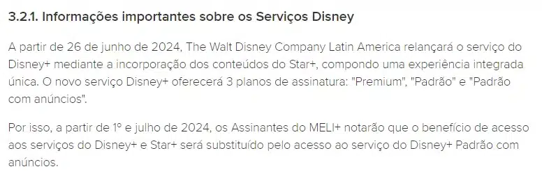 Captura dos termos e condições do Mercado Livre explicando mudanças do Disney+ e Star+.