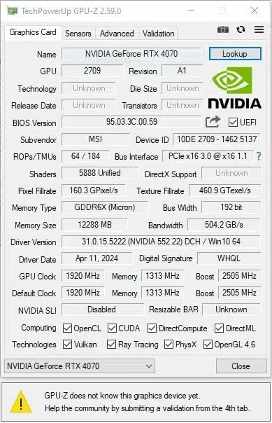 Captura de tela do GPU-Z dando erro por não "entender" a RTX 4070 com outro chip.