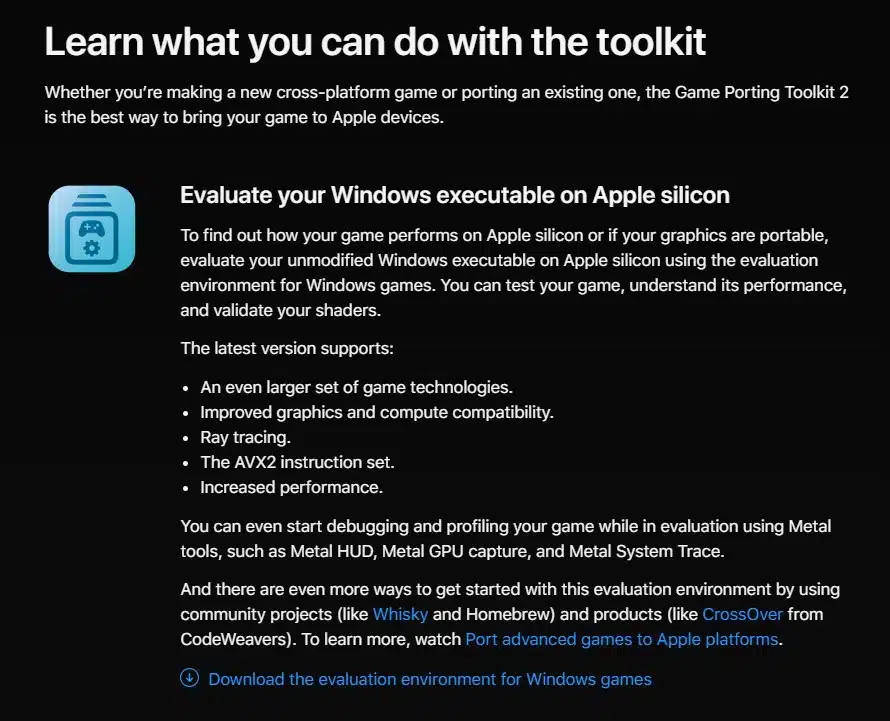 kit de ferramentas game porting toolkit 2 da apple