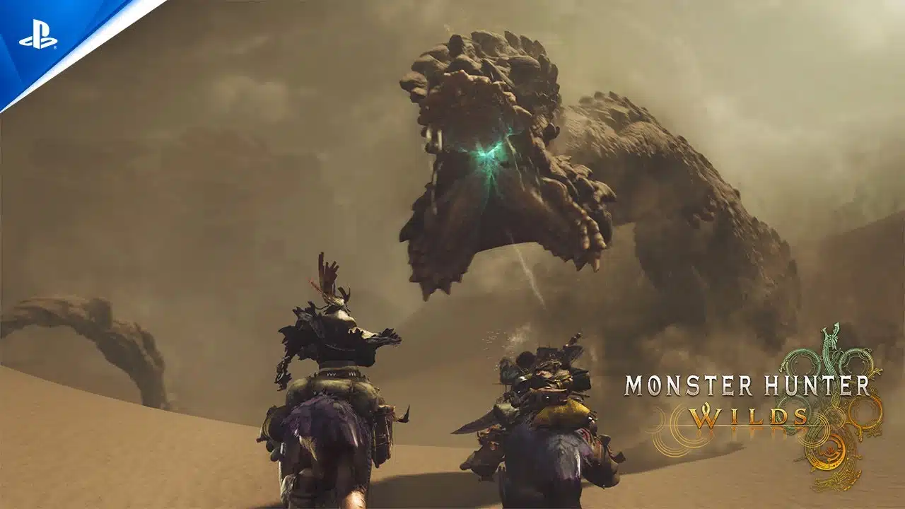 Monster Hunter Wilds - dois caçadores enfrentando uma nova criatura no deserto