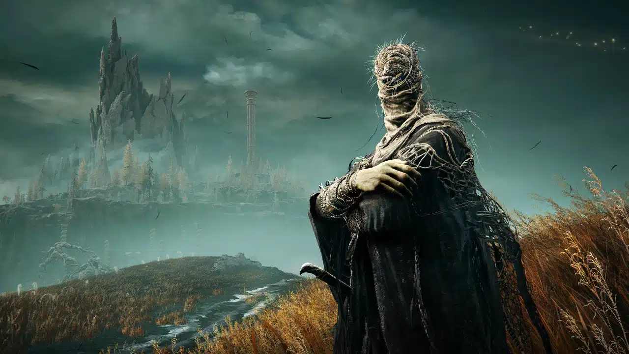 Terra das Sombras em Elden Ring - Maculado com os braços e rosto enfaixado com um castelo ao fundo no DLC de Elden Ring, Shadow of the Erdtree