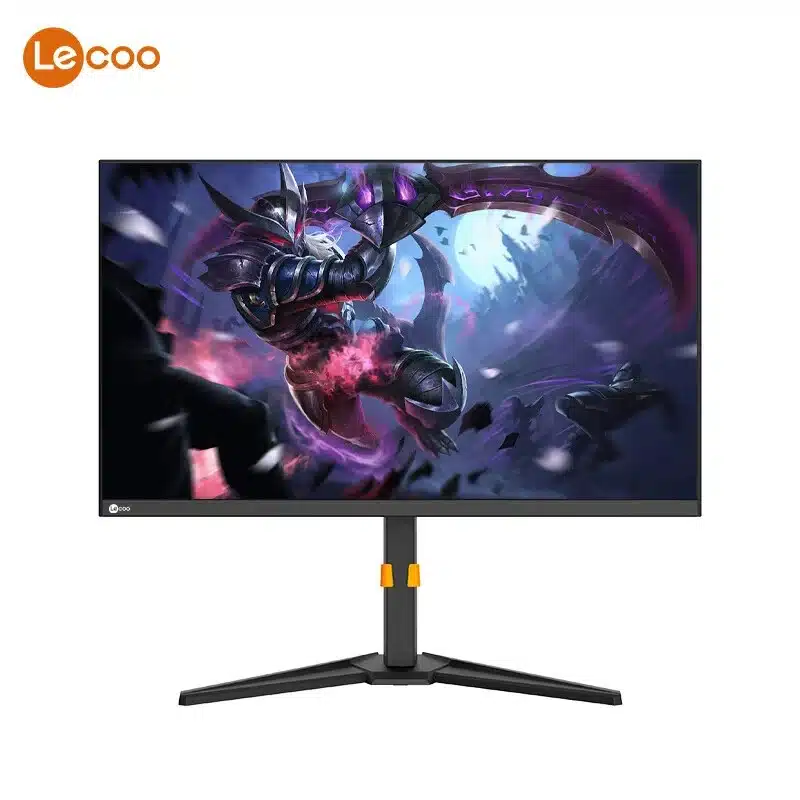 Novo monitor da Lecoo, mostrado de frente com imagem abstrata na tela.