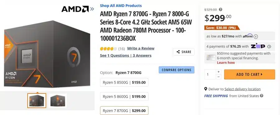 Captura de tela do Ryzen 7 8700G à venda na Amazon.