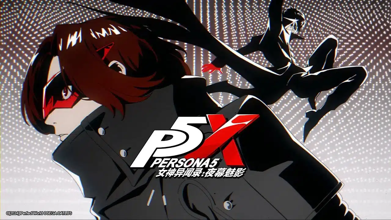 PErsona 5 The Phantom X - foto de um operador de cabelo e máscara vermelhos e outro personagem de terno preto saltando ao fundo
