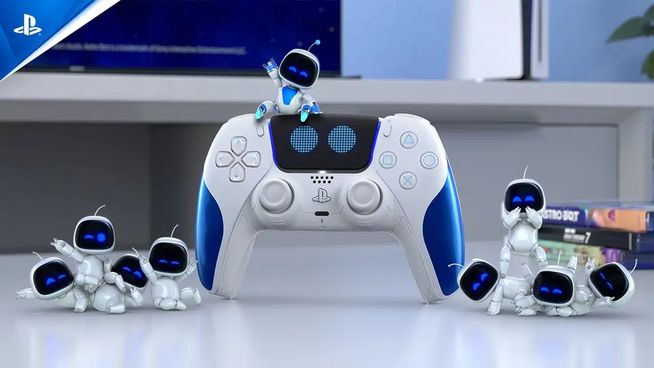 DualSense de Astro Bot com vários bonecos da franquia em torno do controle de PS5