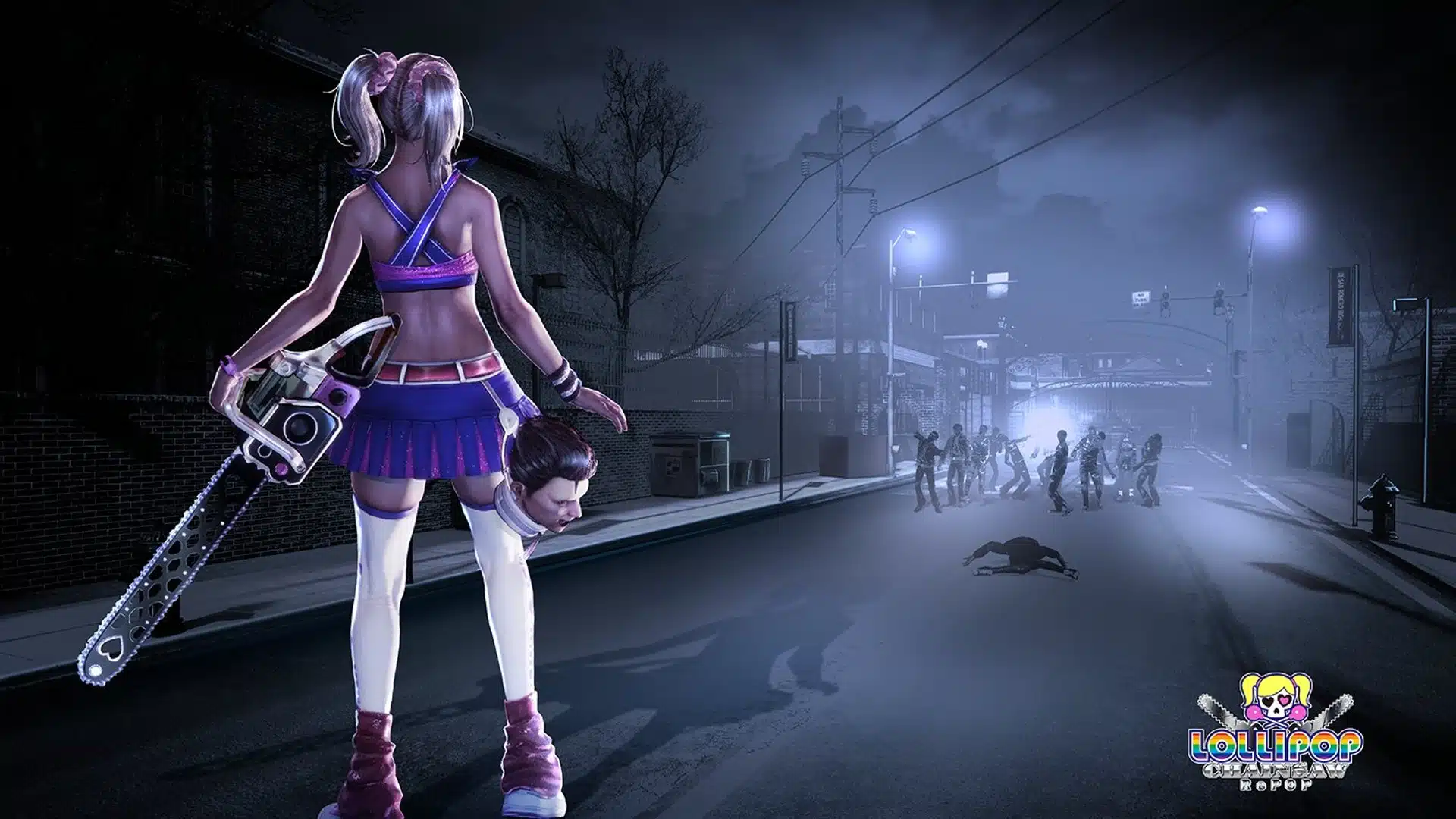 Lollipop Chainsaw RePoP - imagem mostrando a protagonista com roupa de estudante e uma serra elétrica encarando zumbis