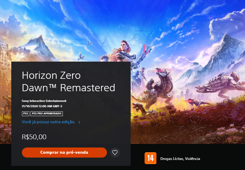 Horizon Zero Dawn Remastered preço upgrade