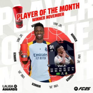 Vini Jr é melhor do mês na Espanha e ganha carta especial em FC 25