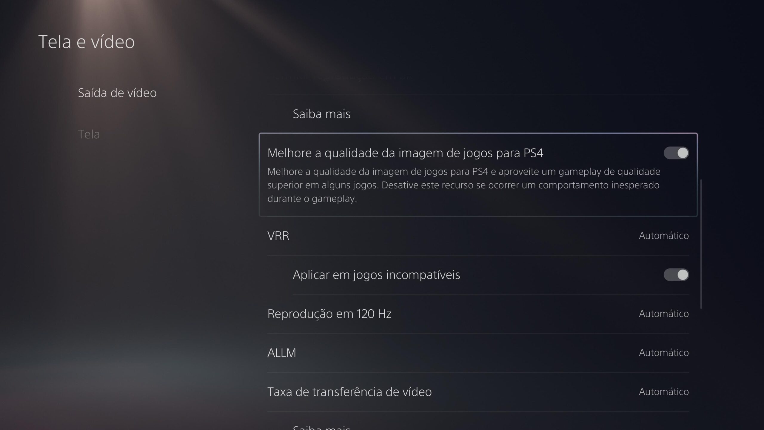 Menu de configuração do PS5 Pro