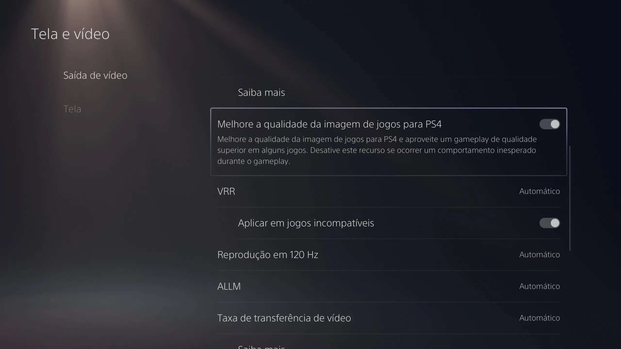 Menu de configuração do PS5 Pro