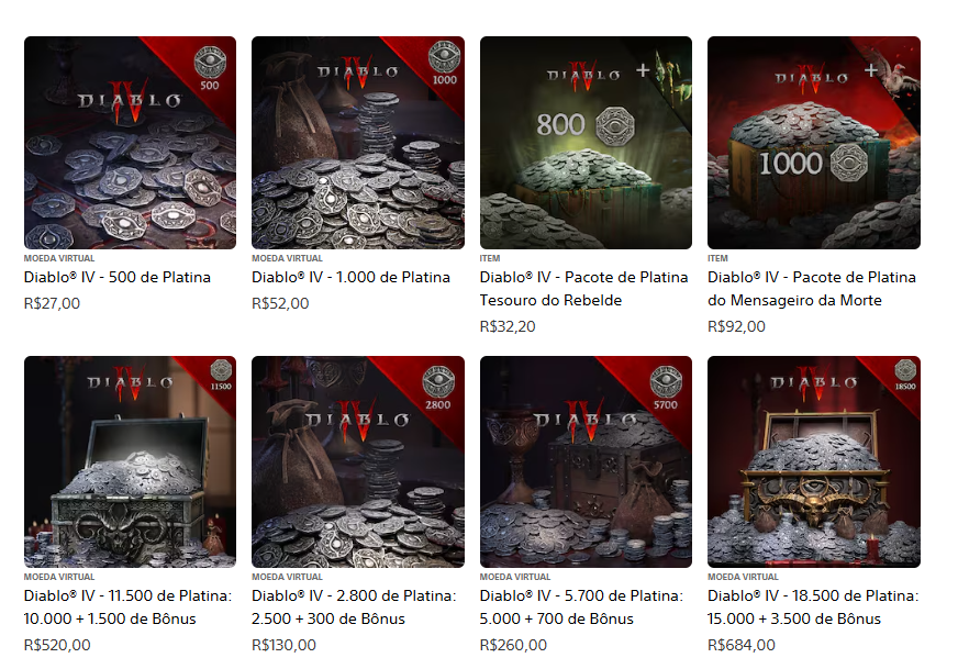 PS Store com preços de diablo iv platinas