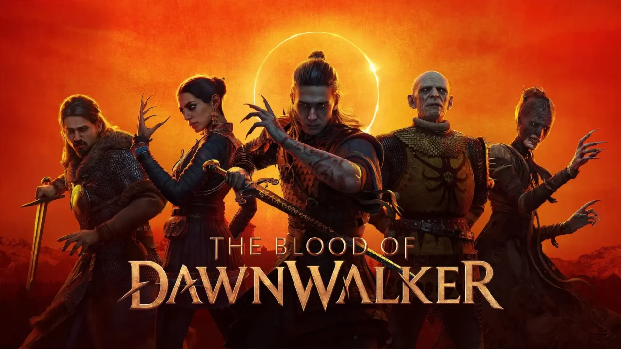 Coen e outros personagens de The Blood of Dawnwalker aparecem diante de um fundo alaranjado em imagem promocional do RPG.