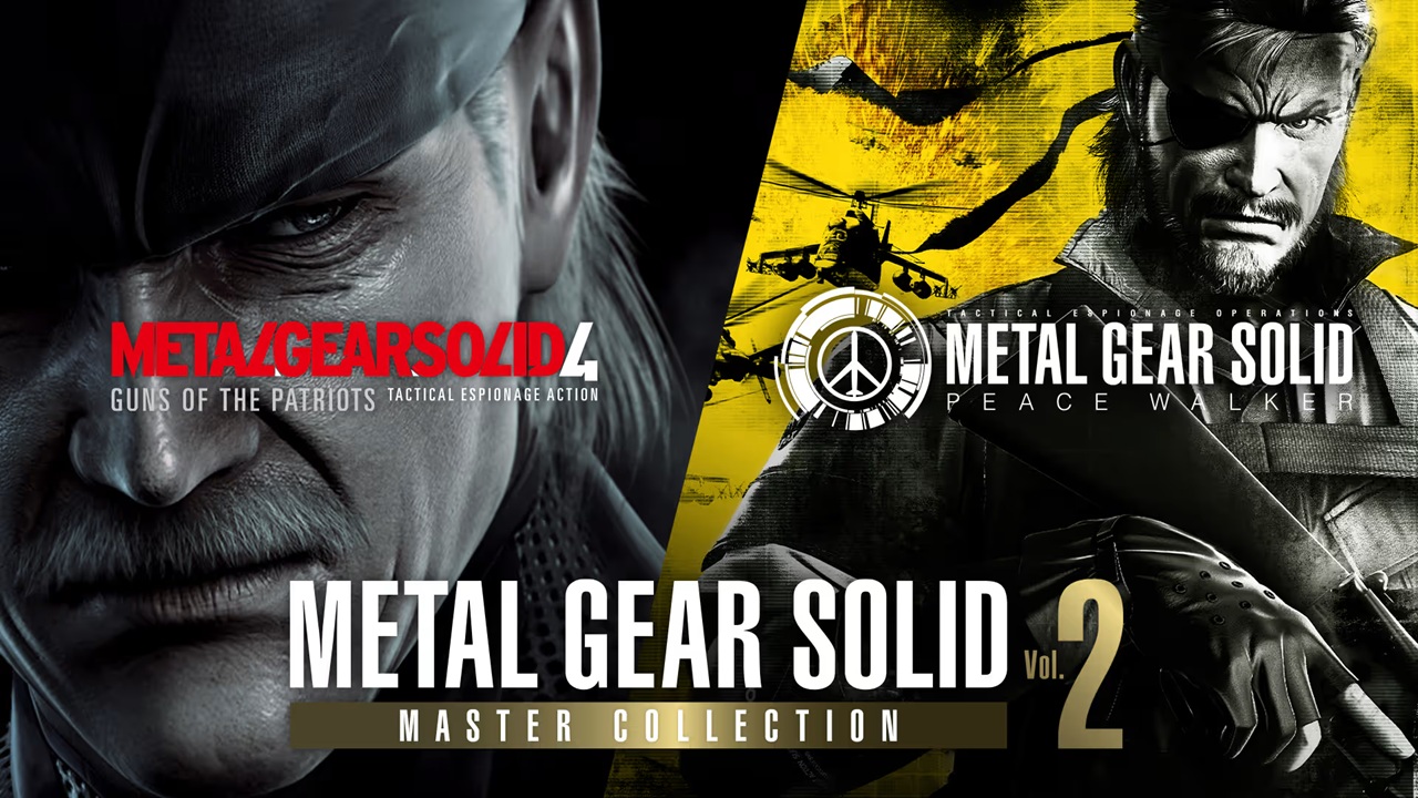 Coletânea Metal Gear Solid: Master Collection Vol. 2 com Old Snake e Solid Snake em destaque e as logos de Metal Gear Solid 4: Guns of Patriots e Metal Gear Solid: Peace Walker