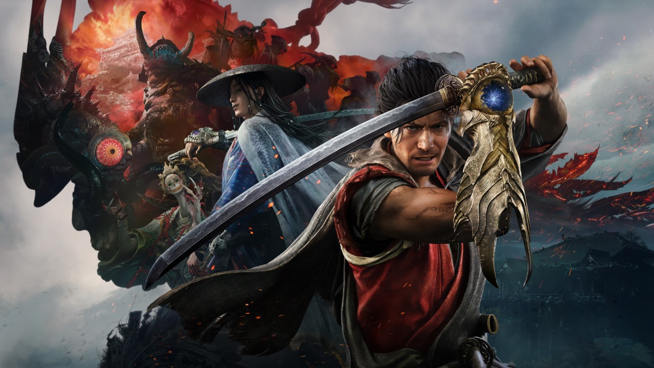 Guerreiro empunha uma espada diante de aliados e criaturas demoníacas em arte de Onimusha Way of the Sword.