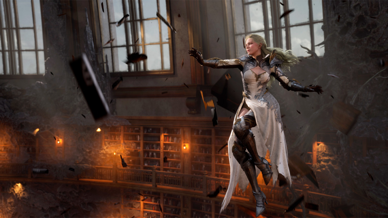 10 coisas que descobri jogando Tides of Annihilation 4 Personagem loira com armadura e vestido branco flutua em meio a destroços dentro de uma grande biblioteca em Tides of Annihilation.