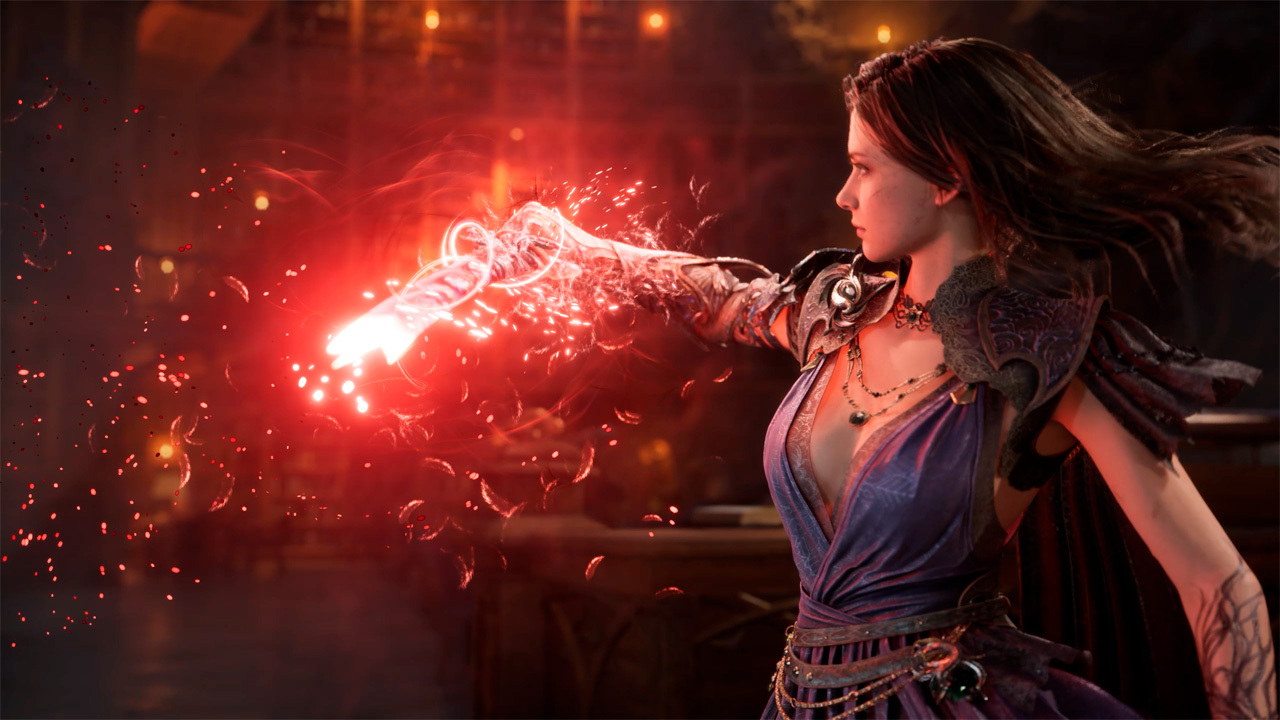 Tides of Annihilation: tudo o que sabemos sobre o game 1 Gwendolyn, protagonista de Tides of Annihilation, estende o braço enquanto libera uma intensa energia vermelha durante uma cena de combate.