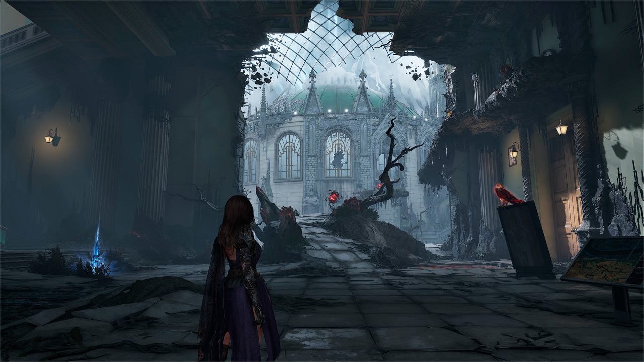 Tides of Annihilation: tudo o que sabemos sobre o game 4 Gwendolyn explora as ruínas de um grande edifício parcialmente destruído, com arquitetura gótica e elementos sobrenaturais espalhados pelo cenário de Tides of Annihilation.