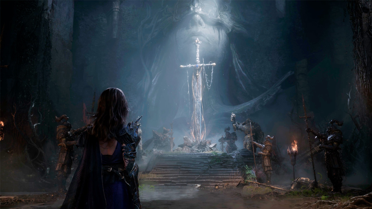 10 coisas que descobri jogando Tides of Annihilation 2 Gwendolyn observa uma espada monumental cercada por cavaleiros em uma câmara sombria de Tides of Annihilation, iluminada por uma presença misteriosa ao fundo.